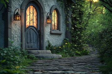Obraz premium Mystical old house stands in a forest, illuminated by lanterns and surrounded by mist