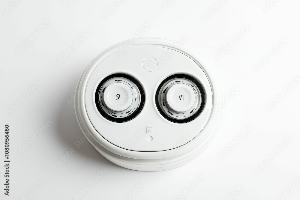 Poster white circular device with two dials.