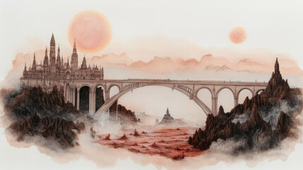 Fantasy castle with twin suns over arched bridge and misty landscape