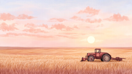 Fototapeta premium Vintage tractor at sunset harvesting golden wheat in expansive field