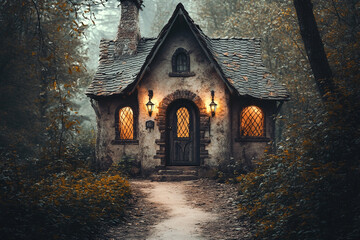 Obraz premium Mystical old house stands in a gloomy forest, illuminated by lanterns and surrounded by mist