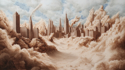 Ethereal cityscape shrouded in surreal sandstorm under a dramatic sky