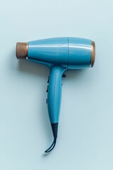 Blue hair dryer on light blue background.