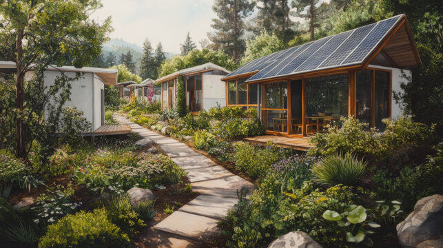 Eco-friendly tiny home community with solar panels and lush gardens