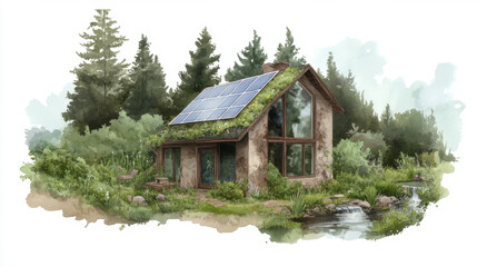 Fototapeta premium Sustainable eco home with solar panels in lush forest setting