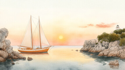 Fototapeta premium Tranquil sunset sailing near rocky shorelines and lighthouse