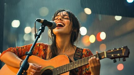 Young female musician singing and playing guitar in the rain - Powered by Adobe