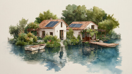 Fototapeta premium Serene lakeside cottage with lush garden and solar panels