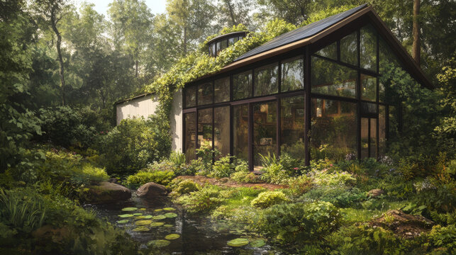 Modern eco-friendly house with solar panels surrounded by lush greenery and tranquil pond