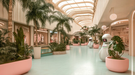 Fototapeta premium Futuristic indoor mall with robots and lush greenery