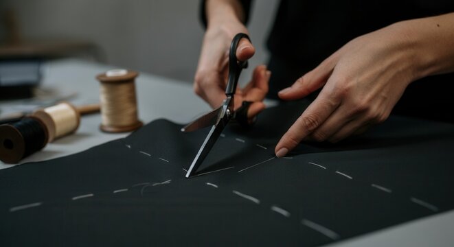Close-up of skilled hands cutting tailor patterns in workshop