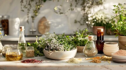 A table filled with different herbs and es each with their own unique benefits for boosting energy levels.
