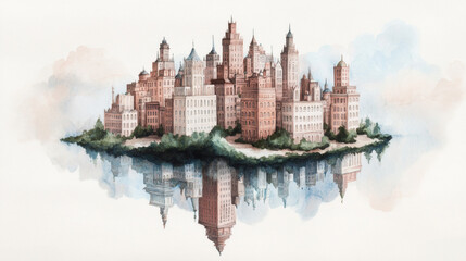 Fototapeta premium Majestic floating castle with reflections in watercolor landscape