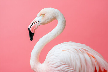 A graceful flamingo stands elegantly against a soft pink background, showcasing its distinctive features in a tranquil setting