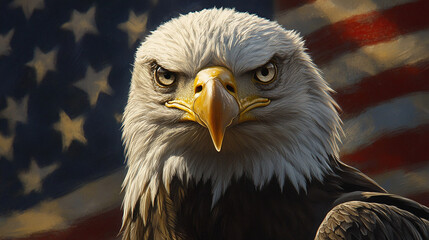 Naklejka premium Majestic bald eagle perched in front of an American flag, showcasing its fierce expression and distinct features during a bright day