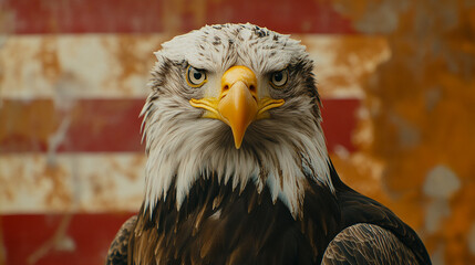 Naklejka premium A majestic bald eagle perched with an intense gaze in front of a weathered American flag 