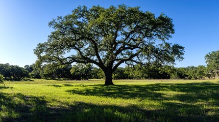 Fototapeta premium A large tree stands in a sunny field with green grass.
