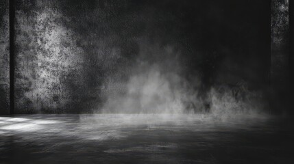 Empty dark abstract cement wall with floating smoke for product display and dramatic effects.