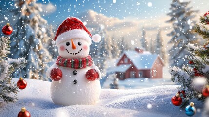 Obraz premium Merry Christmas and Happy New Year greeting card with copy-space, featuring a happy snowman standing in a Christmas landscape with a snow background and winter fairytale theme.