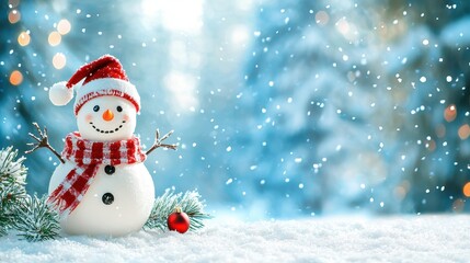 Merry Christmas and Happy New Year greeting card with copy-space, featuring a happy snowman standing in a Christmas landscape with a snow background and winter fairytale theme.