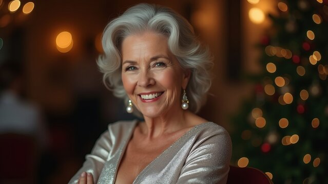 Mature stylish woman close up portrait silver festive well fitted shirt and elegant earrings. Healthy face skin care, skincare fitness, dental. Defocused Christmas party holiday background, copy space