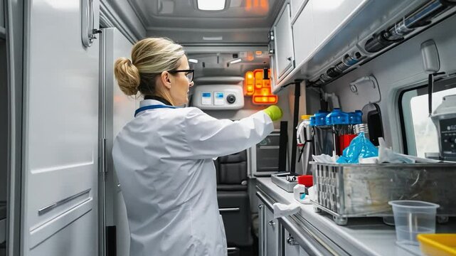 Female doctor wearing gloves in mobile laboratory inside van