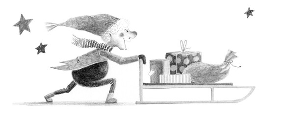 Gnome pushing the Sled with Presents. Christmas Hand Drawn Illustration  Isolated on White