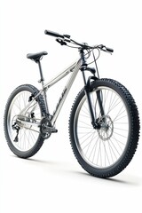 Silver mountain bike on white background.