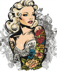 A retro woman with floral tattoos gazes confidently into the distance.
