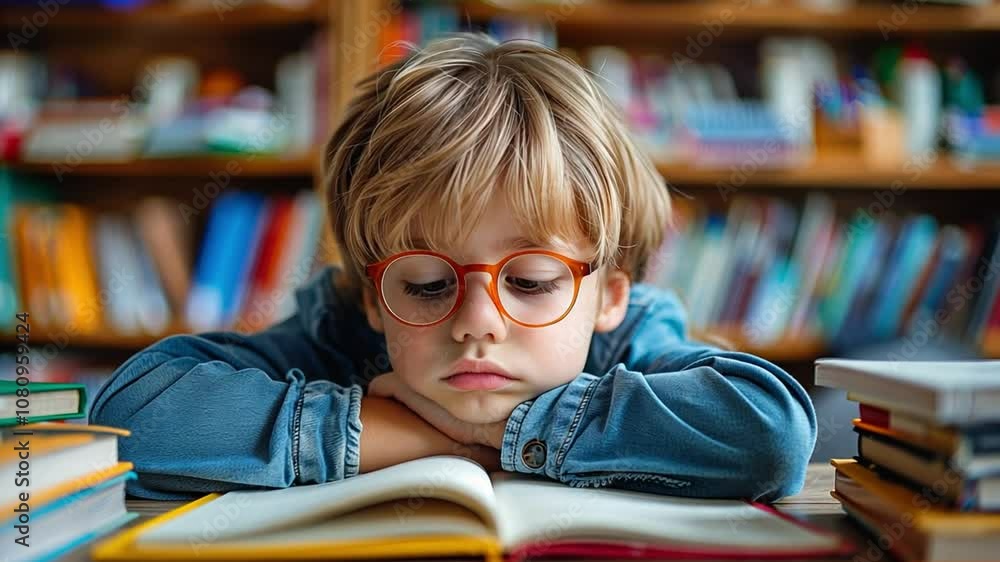 Poster a young boy wearing glasses rests his head on an open book while studying at a wooden table in a lib