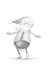 Graphite Gnome. Christmas Hand Drawn Illustration Isolated on White