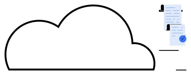 Large cloud outline with stacked documents featuring blue check marks. Ideal for themes of cloud storage digital document management online security data organization and efficient file sharing