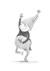 Graphite Gnome. Christmas Hand Drawn Illustration Isolated on White