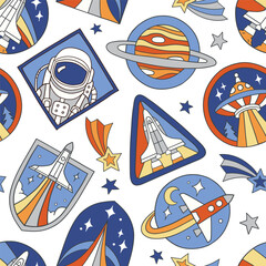 Seamless vector pattern with vintage space patches. Hand drawn retro spacecraft badges. Perfect for textile, wallpaper or nursery print design. EPS10 vector file.