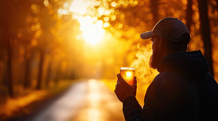 A serene scene of a person enjoying a warm drink amidst a beautiful autumn landscape, bathed in golden sunlight.