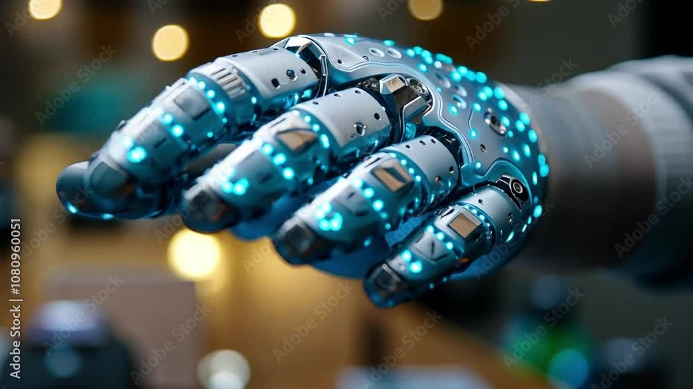 Poster futuristic robotic hand with glowing blue lights demonstrating advanced technology in a lab setting