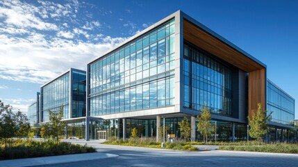 Obraz premium Office building exterior with a modern architectural design.