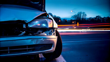 Fototapeta premium Broken car in an accident. Crash on the road. Background with selective focus and copy space