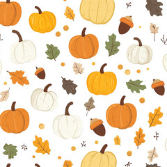 Autumn pattern with pumpkin, leaves and acorns on a white background. Soft pastel design for wallpaper, textile print, wrapping paper or wall art. Abstract, simple, flat, minimalist concept of autumn 
