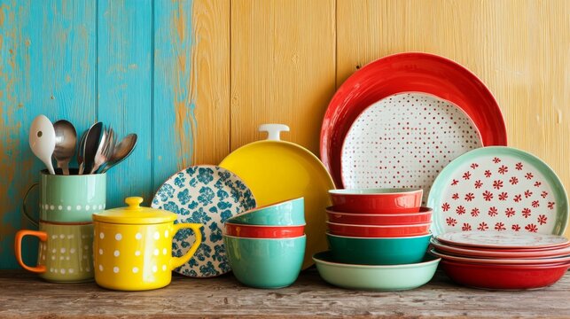 Colorful Tableware Collection on Rustic Wooden Surface with Vibrant Bowls, Plates, Mugs, and Cutlery Against a Bright Wood Background