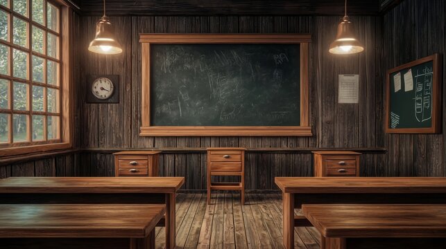 Cozy and Inviting Old-Fashioned Classroom Setting with Wooden Desks, Chalkboard, and Bright Windows for Educational Themes and Learning Environments