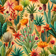 Naklejka premium Desert Plants with Vibrant Flowers Pattern. Perfect for: Summer festivals, outdoor markets