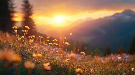 Beautiful sunrise in the mountain, showcasing a meadow landscape with sunrays and golden bokeh.