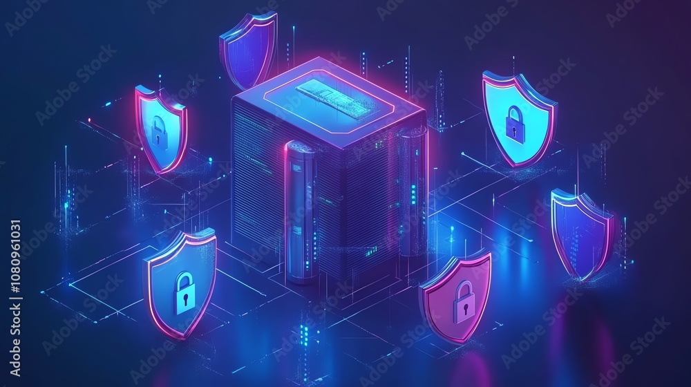 Poster A 3D illustration of a server with five security shields surrounding it, symbolizing data protection.