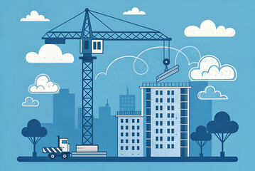 Obraz premium A blue-themed illustration of a construction site featuring a crane lifting materials amidst buildings and clouds.