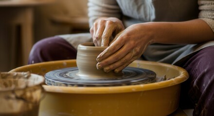 Artisan creating pottery on wheel in workshop