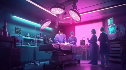 A modern surgery room with bright lighting, surgeons and nurses preparing for an operation
