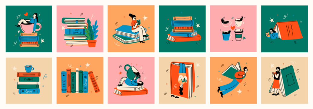 Book concepts set. Happy readers reading books and flying, laying , sitting everywhere. Flat trendy retro vector illustrations isolated on white background