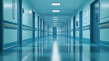 Fototapeta premium A pristine hospital corridor with sterile floors, bright lights, and clean signs pointing to different wards -