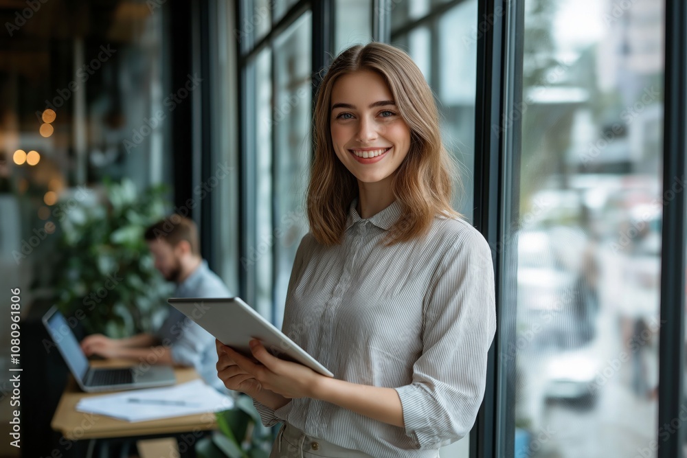 Aufkleber a dedicated businesswoman is focused on her tasks in a modern workspace, showing her commitment to c